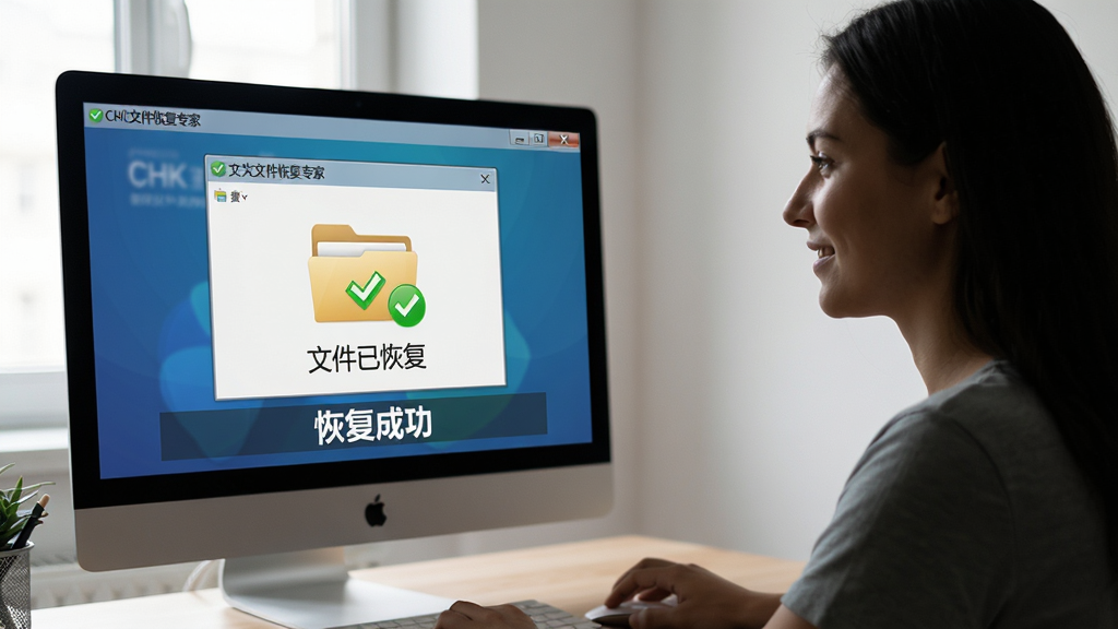 主体:用户正在电脑前操作CHK文件恢复专家,屏幕上显示恢复完成界面,文件夹图标带有绿色对勾;布局:人物侧影在画面右侧,电脑屏幕位于中央偏左,强调操作场景;排版:屏幕内容放大展示,底部有“恢复成功”提示文字;风格:写实生活化,柔和自然光;细节:屏幕中显示“文件已恢复”字样,用户表情轻松;画质:高清细节丰富,背景干净无杂物。