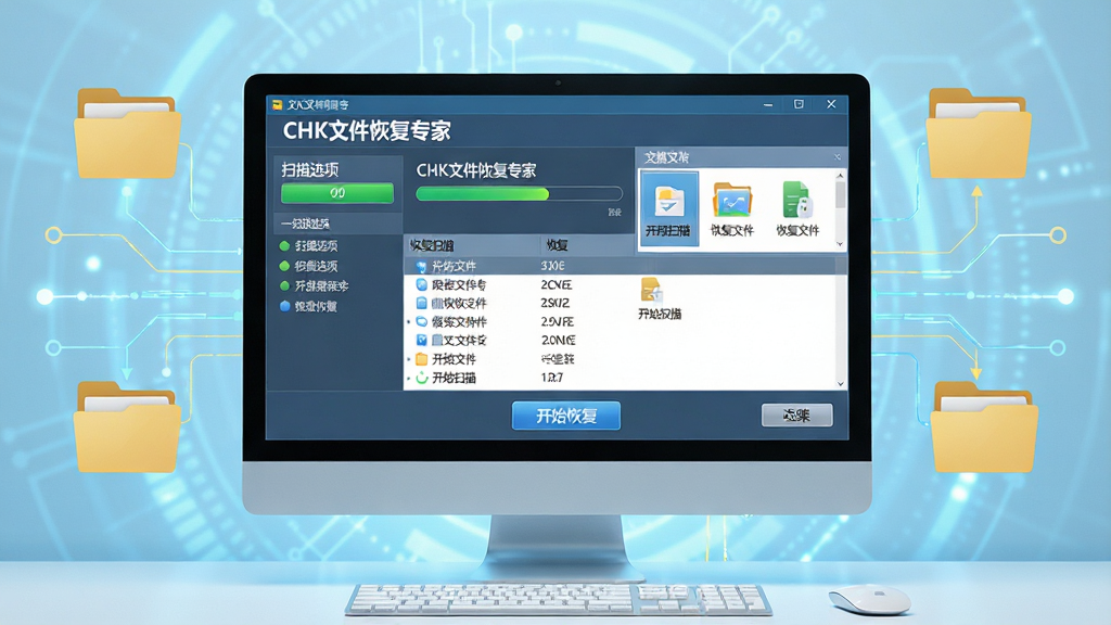 主体:电脑屏幕前显示CHK文件恢复专家软件界面,界面中有扫描进度条和恢复文件列表,周围有文件夹图标和数据线条;布局:居中构图,软件界面占据画面主体,背景为浅蓝色科技感光效;排版:界面左侧为扫描选项,右侧为文件预览区,下方有“开始恢复”按钮;风格:写实与扁平结合,色彩明亮清晰;细节:界面文字清晰可辨,标注“CHK文件恢复专家”字样,按钮文字为“开始扫描”;画质:高清渲染,干净无多余元素。