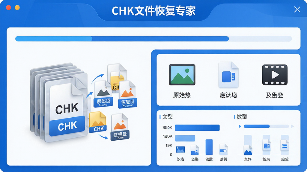 主体:数据扫描界面特写,显示多种文件格式图标从CHK文件中分离出来;布局:左侧为原始CHK文件堆叠,右侧为识别出的图片、文档、视频图标整齐排列;排版:上下结构,上方扫描进度条,下方文件类型统计图表;风格:现代简约,蓝白配色;细节:文件图标下方有格式名称标签,界面顶部有“CHK文件恢复专家”品牌标识;画质:高清晰度,干净无杂乱元素。