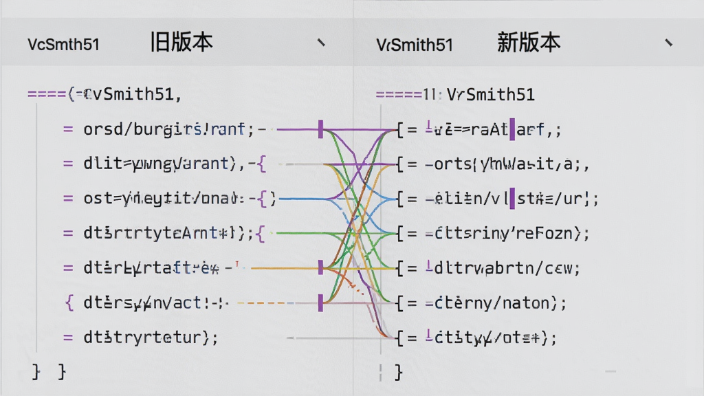 一张特写VcSmith51差异对比界面的图片,屏幕中央显示两栏代码文本,左右两侧分别标注“旧版本”和“新版本”,不同行之间用彩色线条连接差异部分,界面背景为浅灰色,画质清晰,干净,无多余元素。