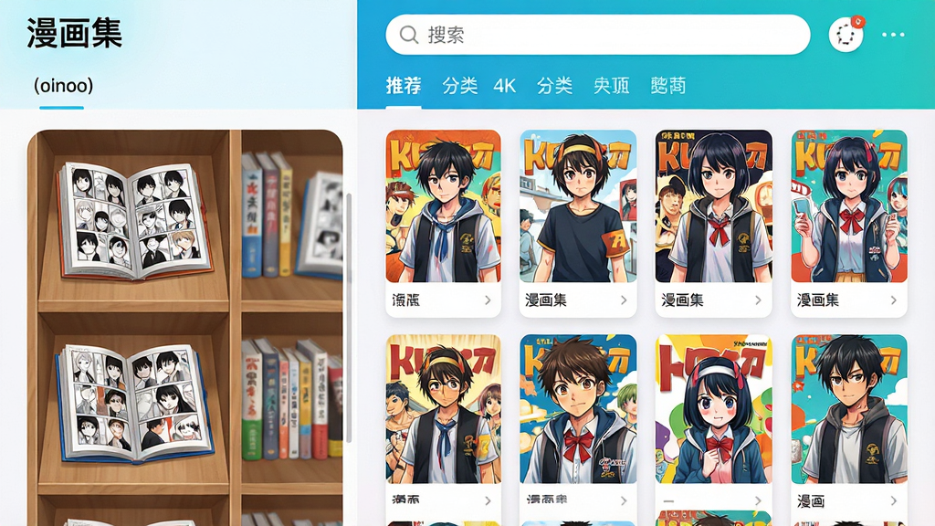 主体:漫画集软件主界面,展示书架和推荐位。布局:左侧为书架列表,右侧为封面瀑布流,顶部有搜索栏和分类标签。排版:现代扁平化,卡片式设计,封面排列整齐。风格:清新明亮,色彩饱和度高,符合漫画氛围。细节:书架上有几本打开的漫画书,屏幕上方显示“漫画集”字样,画质:4K高清,干净,无多余元素