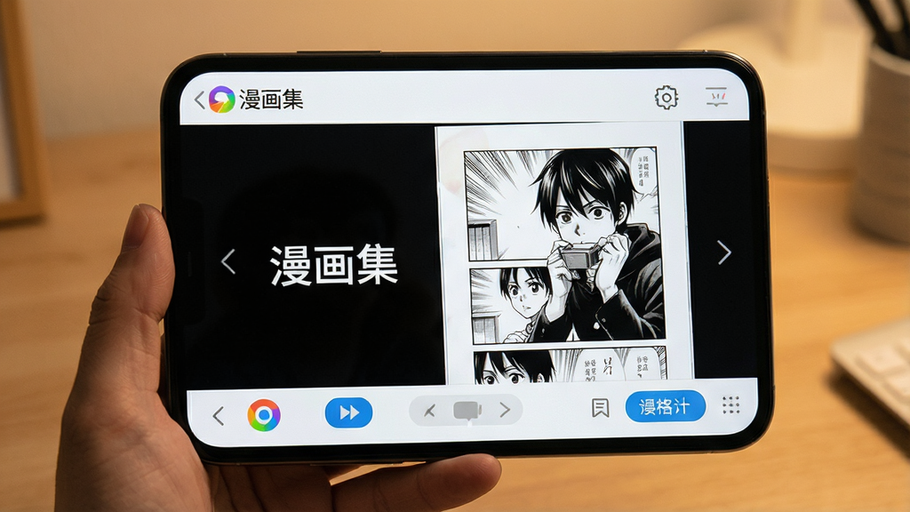 主体:手机或电脑上运行漫画集应用的截图。布局:屏幕中央显示漫画阅读界面,周围有操作按钮。排版:清晰直观,功能图标分布合理。风格:真实使用场景,色调温暖。细节:屏幕上有“漫画集”的logo,旁边有漫画页面,画质:高分辨率,干净,无多余元素