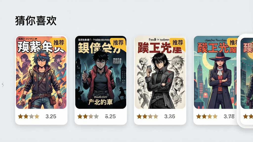主体:漫画集首页的个性化推荐模块,展示几本风格迥异的漫画封面。布局:横向滑动卡片,每张卡片包含封面与评分。排版:卡片式布局,左右滑动流畅。风格:现代简约,背景为浅灰色。细节:卡片右上角有“推荐”标签,顶部显示“猜你喜欢”,画质:超清,干净,无多余元素