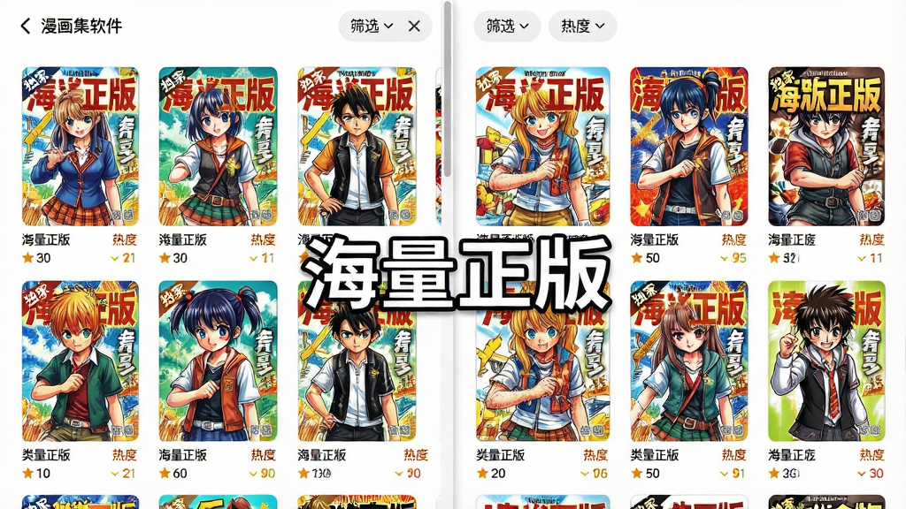 主体:漫画集软件的资源库页面,展示多部漫画封面。布局:封面以网格状排列,每本封面下方标注类型与热度。排版:整齐划一,筛选栏置顶。风格:明亮活泼,封面色彩丰富。细节:屏幕中心有“海量正版”字样,部分封面带有“独家”角标,画质:高分辨率,干净,无多余元素