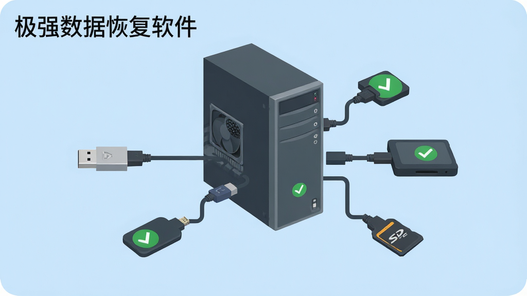 极强数据恢复软件连接多种存储设备示意图,主体是一台台式电脑主机,通过USB线连接着U盘、移动硬盘、SD卡,布局为环绕式排列,排版均匀,风格扁平化,以浅蓝色背景衬托,细节处每个设备上都有绿色对勾图标,画质干净无杂物,图片左上角有文字“极强数据恢复软件”