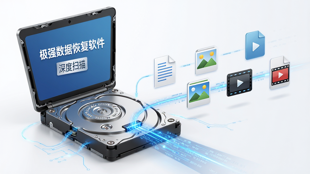 极强数据恢复软件深度扫描过程示意图,主体是一块打开的笔记本电脑硬盘,旁边悬浮着各种文件图标,如文档、照片、视频,布局为从左到右的流程展示,排版清晰,风格写实结合科技感,细节处有蓝色数据流从硬盘中涌出,画面干净无多余元素,画质高清,硬盘上方标注文字“极强数据恢复软件 深度扫描”