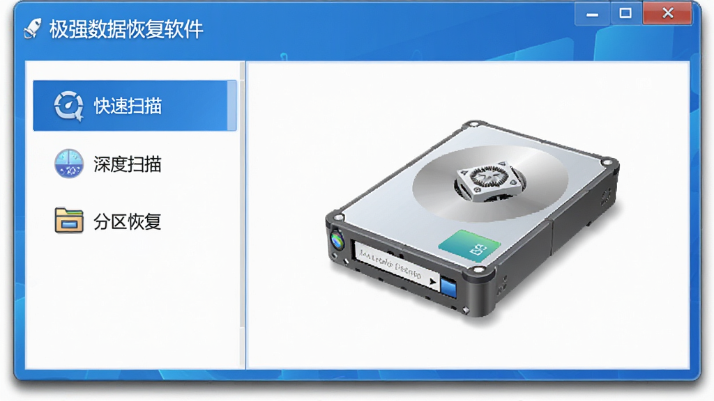 极强数据恢复软件主界面预览图,主体是软件窗口,左侧功能列表包含“快速扫描”“深度扫描”“分区恢复”,右侧显示一个模拟磁盘的图形界面,布局简洁清爽,排版采用左右分栏式,风格现代科技感,以蓝色为主色调,细节方面窗口边缘有阴影效果,画质清晰干净,无多余元素,界面中显示文字“极强数据恢复软件”