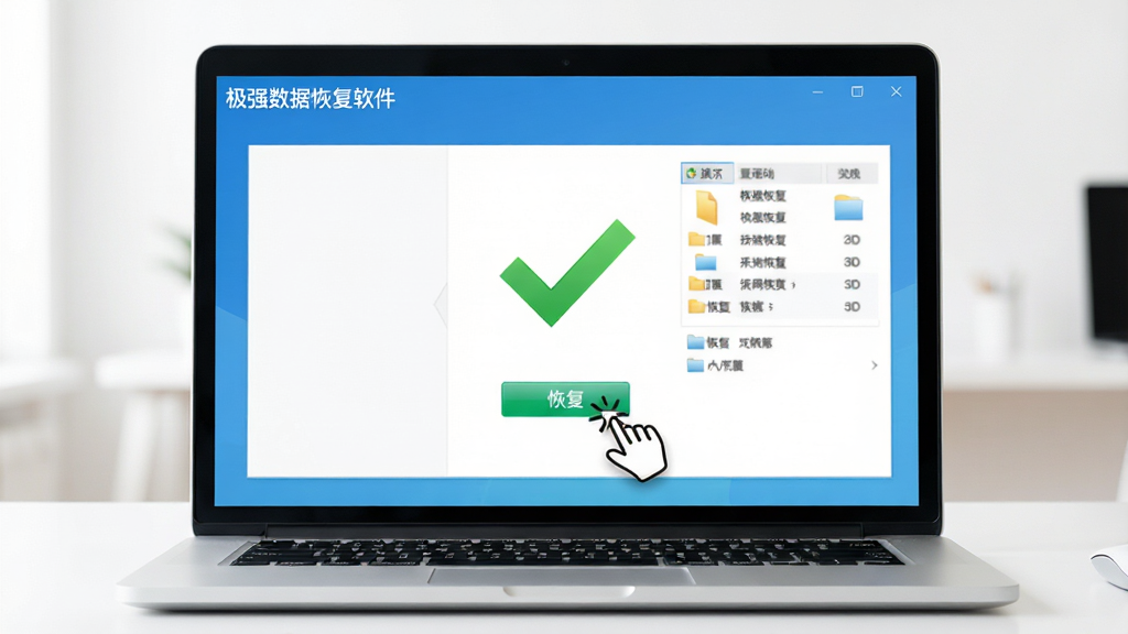 极强数据恢复软件操作教程配图,主体是一台笔记本电脑,屏幕上显示软件恢复完成界面,有绿色对勾和文件列表,布局为正面视角,排版居中,风格简洁明亮,细节处有鼠标点击“恢复”按钮,画质高清干净,屏幕左上角有文字“极强数据恢复软件”