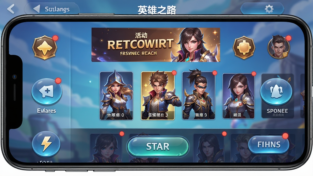 主体:手机屏幕展示《英雄之路》游戏主界面,显示活动图标与角色列表。布局:界面中间为角色立绘,四周分布功能按钮。排版:图标排列整齐,红点提示清晰。风格:UI风格统一,配色明亮。细节:活动Banner展示限定角色,按钮带有微光效果。画质:高清截图,干净无多余元素。