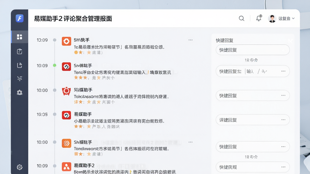 易媒助手2评论聚合管理面板,所有平台评论按时间轴统一排列,每条评论旁标识平台logo,右侧为快捷回复输入框,界面整洁,信息层级分明,现代商务风格,柔和浅色调,高清细节丰富