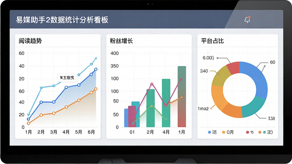 易媒助手2数据统计分析看板,展示阅读趋势折线图、粉丝增长柱状图、平台占比环形图,图表色彩丰富,背景为浅色网格,商务数据可视化风格,布局清晰,细节精致,画质高清
