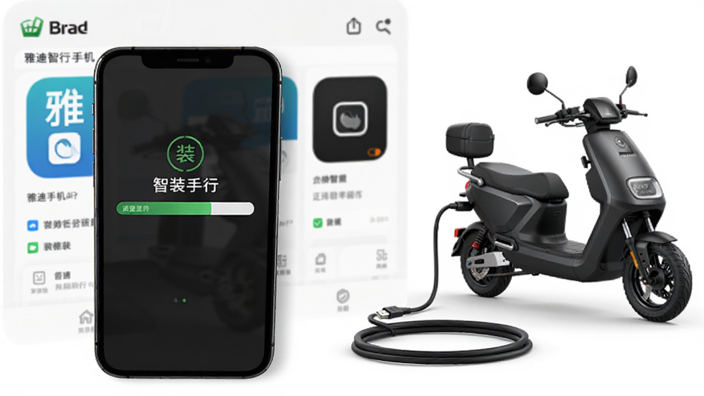 雅迪智行手机APP安装步骤示意图,手机屏幕显示安装进度条,背景为应用商店界面,旁边有数据线连接电动车,画面简洁明了,突出安装过程,整体风格干净清晰,细节真实