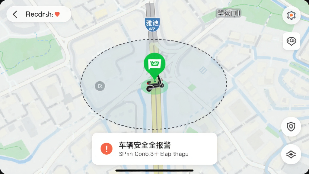雅迪智行APP车辆定位地图界面,地图上显示电动车当前位置绿色图标,周围有电子围栏虚线圆圈,底部弹出车辆安全报警卡片,背景为城市道路地图,界面清晰直观,地图风格现代简洁,画质锐利干净
