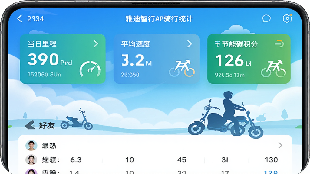 雅迪智行APP骑行统计页面,展示当日里程、平均速度、节能碳积分等数据卡片,下方为好友排名列表,界面风格明亮活泼,背景为渐变蓝天白云,配以电动车骑行剪影,整体清新自然,细节丰富,画质极佳