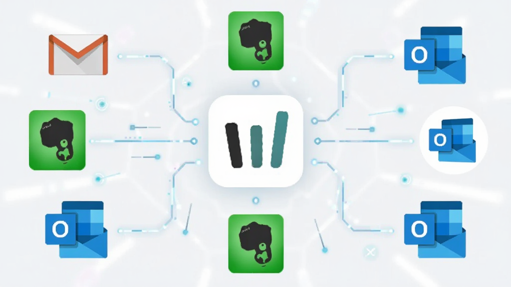 创意概念图,中心为Wunderlist图标,四周环绕邮件、Evernote、Outlook等应用图标,通过线条连接,寓意同步集成,布局对称,排版现代,风格抽象科技感,画质清晰,无杂乱元素