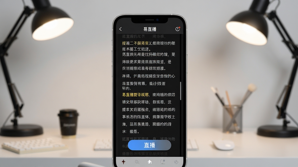 图片居中展示易直播提词器在手机上的主界面效果,手机屏幕内清晰显示滚动的提词文稿内容,界面风格简洁清爽,背景为浅灰色工作室环境,布局以手机为主体中心对称,搭配柔和的工作台灯光,整体风格为现代科技感,细节上突出屏幕中提词文字的清晰度与悬浮按钮的便捷性,画质高清干净,无多余元素