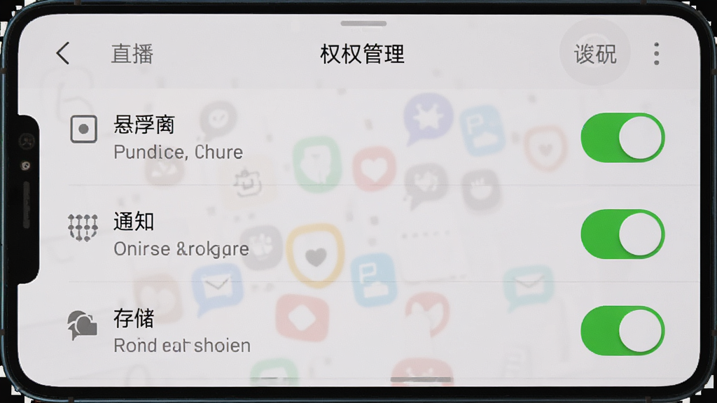展示易直播提词器在手机后台运行时的设置界面,截图内容为权限管理页面,突出悬浮窗、通知和存储权限的开关状态为开启,背景为手机系统设置界面,布局为列表形式,风格为真实的系统UI截图风格,细节清晰,画质干净,无多余元素