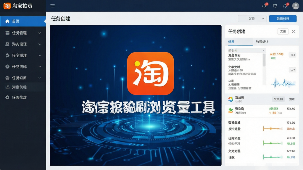 一张展示软件主界面的高清截图,画面中央是“淘宝拍拍刷浏览量工具”的logo与名称,背景为深蓝色科技感光效,界面布局清晰,左侧功能菜单栏,右侧为任务创建与数据统计面板,整体风格简约商务,细节丰富,画质清晰干净,无多余元素