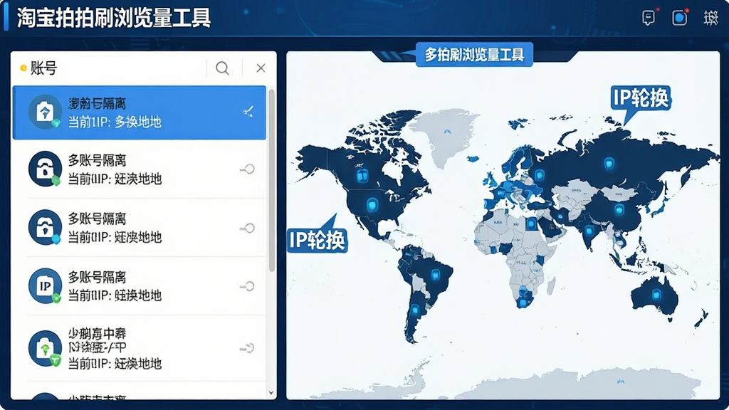 一张展示“淘宝拍拍刷浏览量工具”IP切换与账号管理界面的截图,画面左侧为账号列表,每个账号后显示当前IP归属地,右侧为世界地图与节点分布,整体风格数据可视化,蓝色科技色调,文字标注“多账号隔离”、“IP轮换”,画质清晰干净,无多余元素