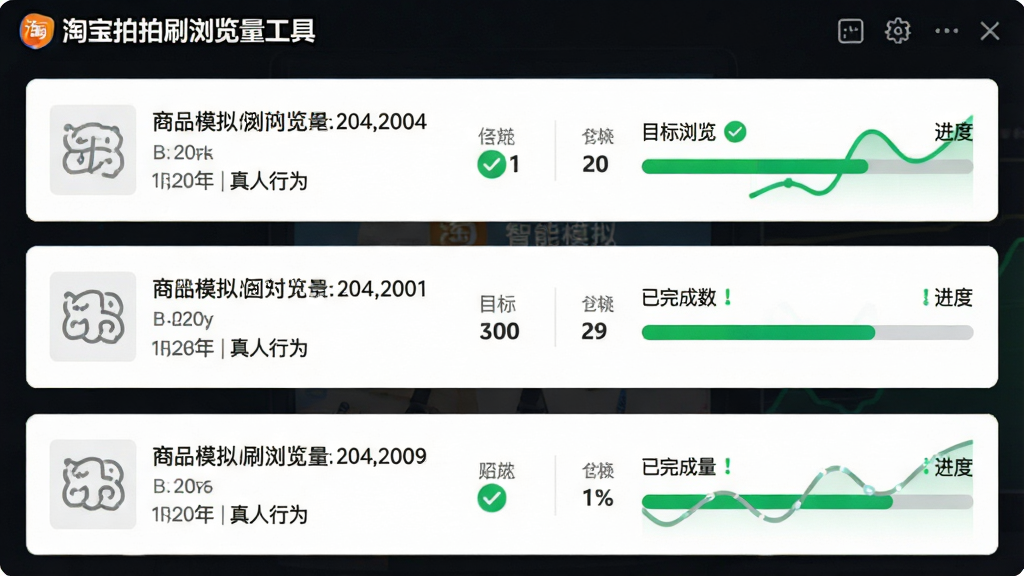 一张“淘宝拍拍刷浏览量工具”后台任务运行界面截图,画面展示多条任务并发执行状态,每条任务包含商品链接、目标浏览量、已完成数量、进度条,背景有绿色对勾与动态折线图,风格简洁清晰,文字标注“智能模拟”、“真人行为”,画质干净无多余元素