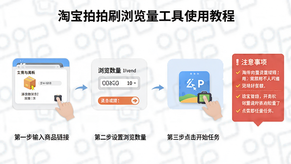 一张“淘宝拍拍刷浏览量工具”使用教程示意图,画面步骤清晰,分为三步,第一步输入商品链接,第二步设置浏览数量,第三步点击开始任务,右侧有注意事项红色警告框,整体风格扁平化,干净整洁,无多余元素