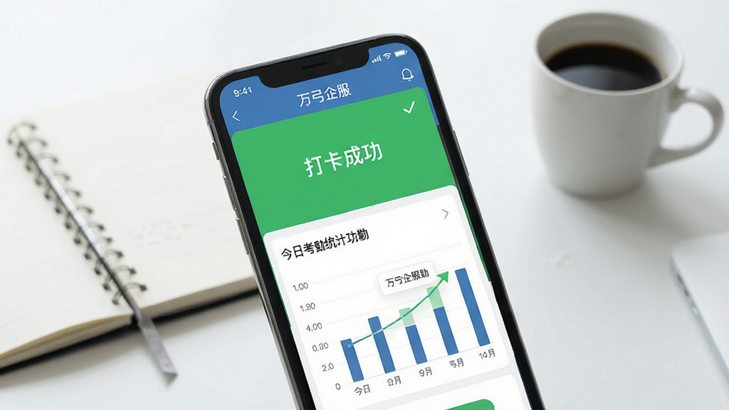 一幅展示万弓企服考勤功能的操作界面截图,画面以手机App界面为主体,清晰显示“打卡成功”的绿色提示,以及今日考勤统计图表,背景是简洁的办公桌面,摆放着笔记本和咖啡杯,整体风格干净清新,突出移动考勤的便捷性,界面文字包含“万弓企服”字样,画质清晰,无多余杂物