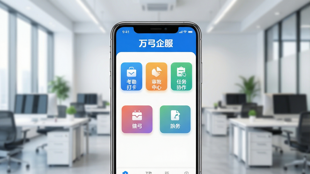 一张展示万弓企服软件核心界面的高清宣传图,画面中央是一部智能手机,屏幕显示万弓企服的主界面,包含考勤打卡、审批中心、任务协作等彩色功能图标,背景是模糊的现代化办公室场景,整体风格明亮专业,采用蓝色与白色为主色调,文字清晰标注“万弓企服”,画面干净无多余元素,细节丰富,画质高清