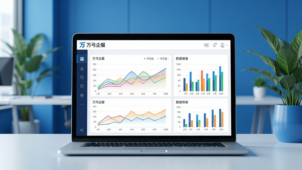 一张展示万弓企服数据报表功能的电脑端截图,画面中是一台笔记本电脑,屏幕显示彩色折线图与柱状图的数据看板,周围环境为现代简洁的办公室,背景有绿植点缀,整体色调为蓝色系,突出数据可视化与企业管理,屏幕上方有“万弓企服”的Logo,画面干净,细节清晰