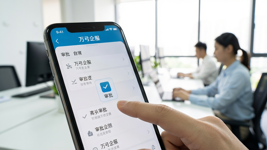 一幅手机操作万弓企服应用的实拍图,画面中手指点击屏幕上的“审批”图标,手机屏幕显示清晰的审批列表界面,背景为明亮的办公环境,有同事在远处工作,整体风格写实自然,突出移动办公的便捷性,屏幕中显示“万弓企服”标题栏,画面干净,对焦清晰