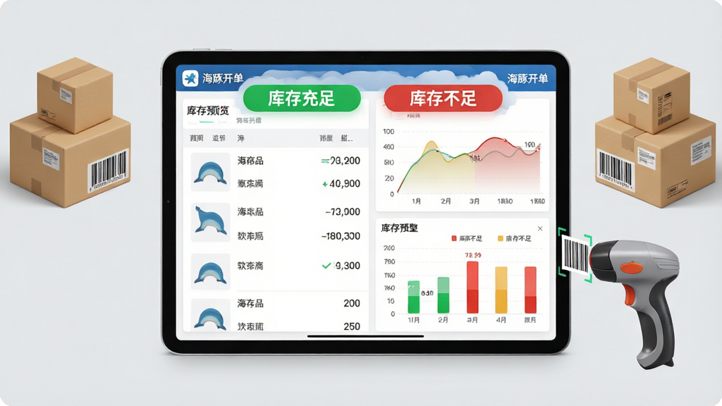 海豚开单软件库存管理功能预览图,主体为平板电脑显示库存商品列表与库存预警图表,屏幕上方用绿色标注“库存充足”红色标注“库存不足”,周围有立体纸箱与扫码枪作为装饰,布局采用屏幕居中、装饰物对称摆放,背景为淡灰色,风格商务简洁,细节包含数字与条形码元素,画质干净无多余元素,屏幕角落显示“海豚开单”图标