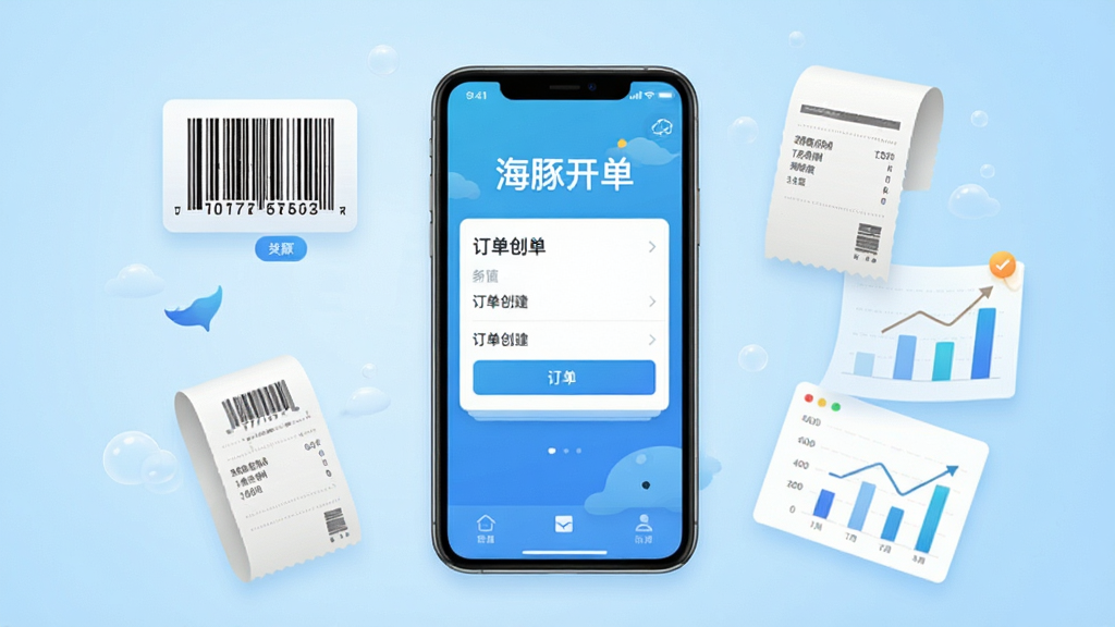一幅展示海豚开单软件核心功能的宣传预览图,主体为一部智能手机屏幕内显示海豚开单的订单创建界面,屏幕周围悬浮着商品条形码、小票打印纸、统计图表等元素,布局采用中心构图,手机居中突出,商品与小票环绕排列,背景为浅蓝色渐变,风格为现代扁平化结合轻微拟物细节,画质清晰干净,无多余文字,突出“海豚开单”品牌字样