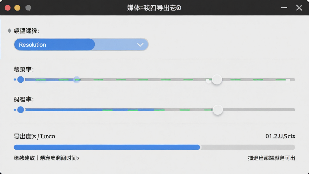 一媒体视频导出设置界面,展示分辨率选择、帧率、码率调节选项,以及导出进度条和预计剩余时间,界面简洁,信息明确,突出快速、稳定的导出能力。