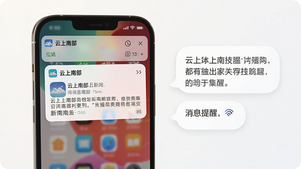 一副展示“云上南部”APP在手机桌面上图标以及消息推送提醒的图片,主体为手机通知栏下拉界面,显示来自“云上南部”的新闻推送。布局清晰,左侧为手机屏幕,右侧可加入文字气泡说明。风格为写实风格,画质清晰,色彩柔和,重点突出推送消息预览,画面干净无多余元素。