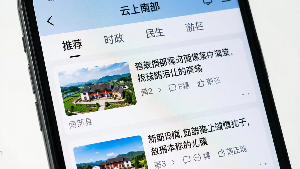 高清特写“云上南部”APP的新闻资讯信息流页面,界面布局规整,顶部为分类导航栏,包含“推荐”、“时政”、“民生”等栏目,中部为图文并茂的新闻卡片列表,每条卡片配有清晰的新闻标题与预览图。风格为写实与UI结合,突出屏幕显示效果,细节上可以看到“南部县”相关新闻标题,画质清晰,色彩自然,画面干净无多余元素。