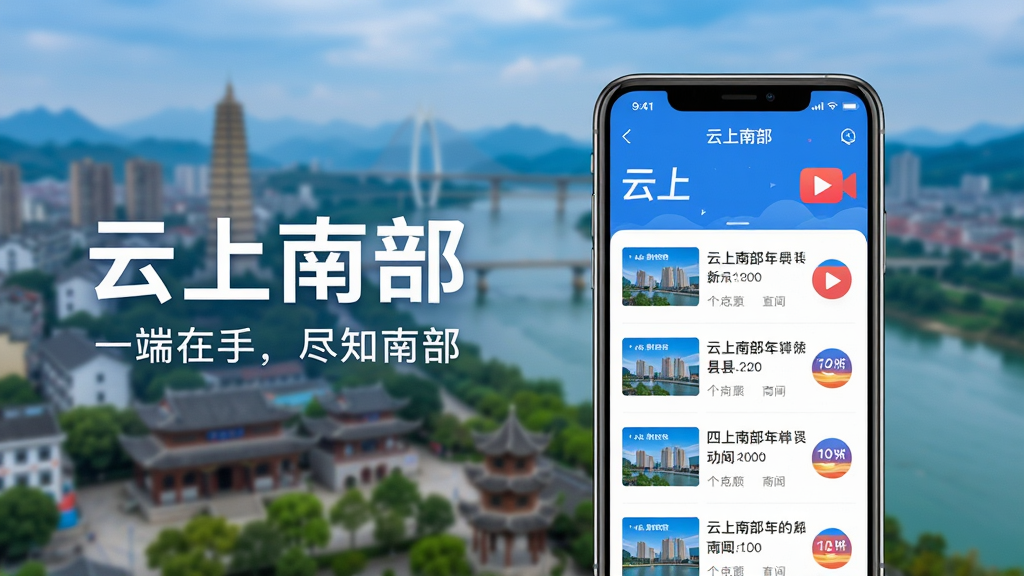 画面主体为一部正在运行“云上南部”APP的智能手机,手机屏幕占据视觉中心,背景为虚化处理的四川省南部县城市地标与嘉陵江景。布局上手机居中略偏右,左侧留白以搭配“云上南部”字样与“一端在手,尽知南部”的Slogan。整体风格为现代扁平化UI设计展示,色彩明亮清新,以蓝白为主色调,细节上突出APP界面中的新闻列表与直播图标。画质高清,渲染细腻,画面干净无多余元素。