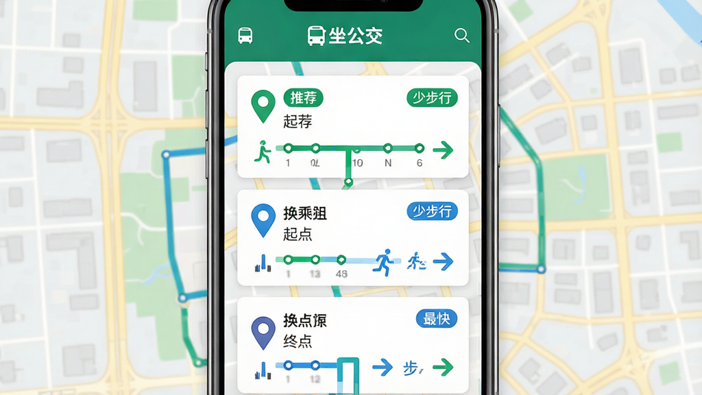 主体:手机屏幕显示“坐公交”路线规划结果页,背景为城市街道地图。布局:路线方案以卡片形式纵向排列,起点与终点用不同颜色标记。排版:清晰展示换乘站点与步行导航箭头。风格:扁平化地图风格,绿色与蓝色线路对比明显。细节:顶部有“坐公交”Logo,方案卡片标注“推荐”“少步行”“最快”标签。画质:干净,高分辨率,无多余元素。