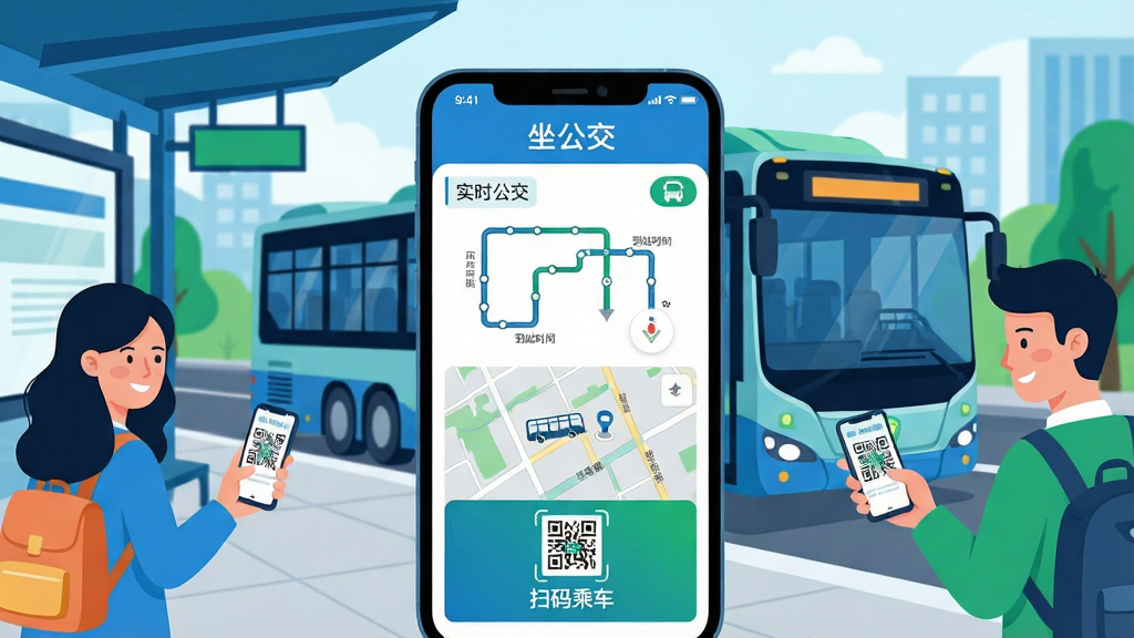 主体:手机屏幕显示“坐公交”应用界面,背景为城市公交站台,一辆现代公交车正进站。布局:手机界面在画面中央,上方有应用名称“坐公交”,下方展示车辆位置地图与扫码支付界面。排版:干净清晰,信息层级分明,突出“实时公交”与“扫码乘车”字样。风格:扁平化插画风格,色彩明亮清新,以蓝色和绿色为主色调。细节:手机界面中显示公交路线图、到站时间、扫码框,周围有乘客微笑使用手机。画质:高清,干净,无多余元素。