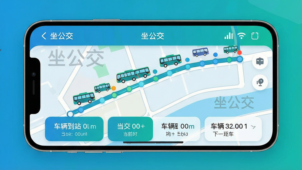 主体:智能手机横屏展示“坐公交”实时地图界面,地图上显示多辆公交车图标与站点标记。布局:地图占据主画面,底部有车辆到站时间列表卡片。排版:简洁直观,地图路线清晰,车辆位置用彩色圆点突出。风格:科技感UI设计,蓝绿色调,线条圆润。细节:地图上有“坐公交”应用名称水印,显示当前站点与下一班车距离。画质:超清,干净,无多余元素。
