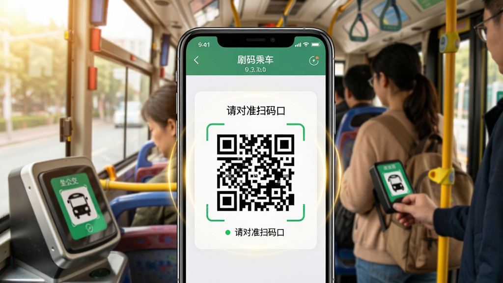 主体:手机屏幕展示“坐公交”乘车码页面,背景为公交车内场景,乘客排队刷码。布局:手机特写居中,二维码清晰可扫,上方显示“刷码乘车”与余额。排版:突出二维码与提示文字“请对准扫码口”。风格:写实与UI结合,色彩明亮温暖。细节:二维码周围有光效,公交车刷卡机在画面一角,有乘客正扫码。画质:高清,干净,无多余元素。