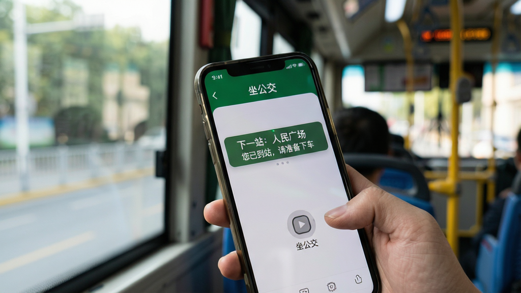 主体:用户在公交车上手持手机,屏幕显示“坐公交”的到站提醒界面,手机响起闹铃。布局:用户手部特写,手机屏幕清晰显示“下一站:人民广场”,背景为公交车内部。排版:突出通知条“您已到站,请准备下车”。风格:写实摄影风格,色调自然。细节:手机屏幕有“坐公交”应用名称,车窗外的风景模糊。画质:高清,干净,无多余元素。
