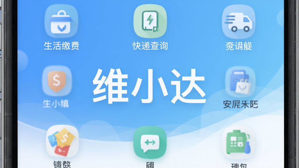 维小达APP主界面预览图,扁平化设计风格,主色调为清新的蓝白渐变,界面中央展示“维小达”三个大字,周围分布着整齐的功能图标,包括生活缴费、快递查询等,整体布局简洁明快,色彩明亮柔和,画质高清干净,无多余元素