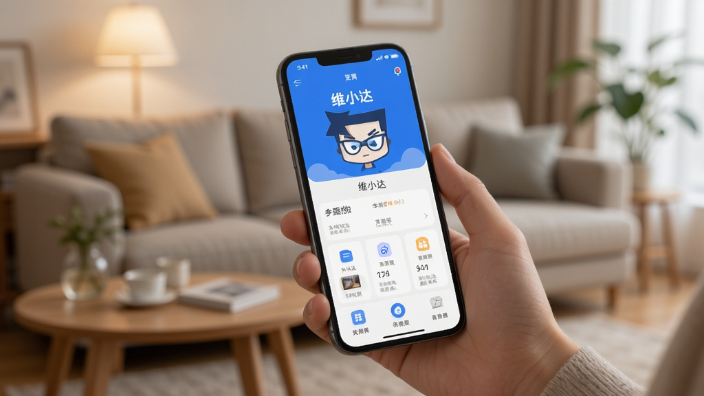 维小达在手机上使用的场景图,一只手拿着手机,屏幕上显示维小达主界面,背景是模糊的客厅环境,光线柔和,突出实际使用氛围,画质高清干净
