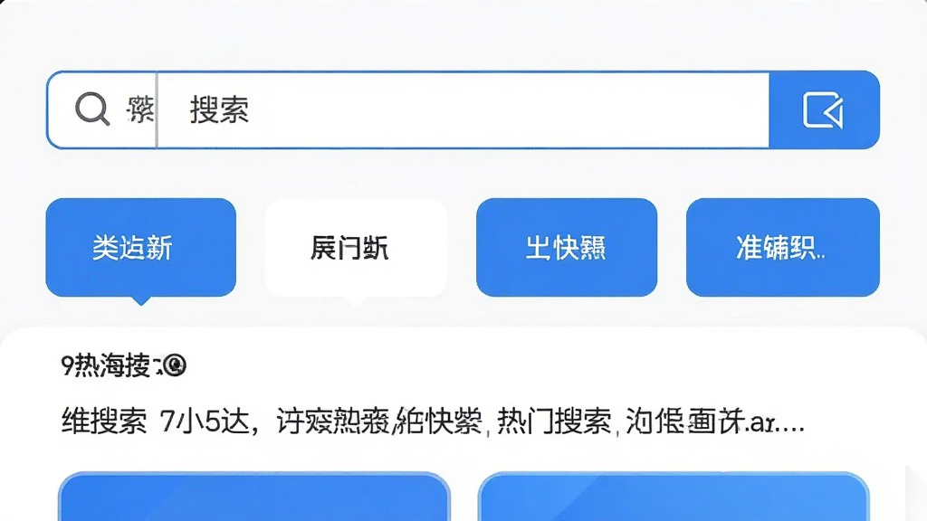 维小达搜索界面截图,顶部有搜索框,下方显示分类快捷入口和热门搜索词,界面以白色为主,搭配蓝色点缀,整体干净清爽,突出搜索的快捷与准确性,画质高清,无多余元素