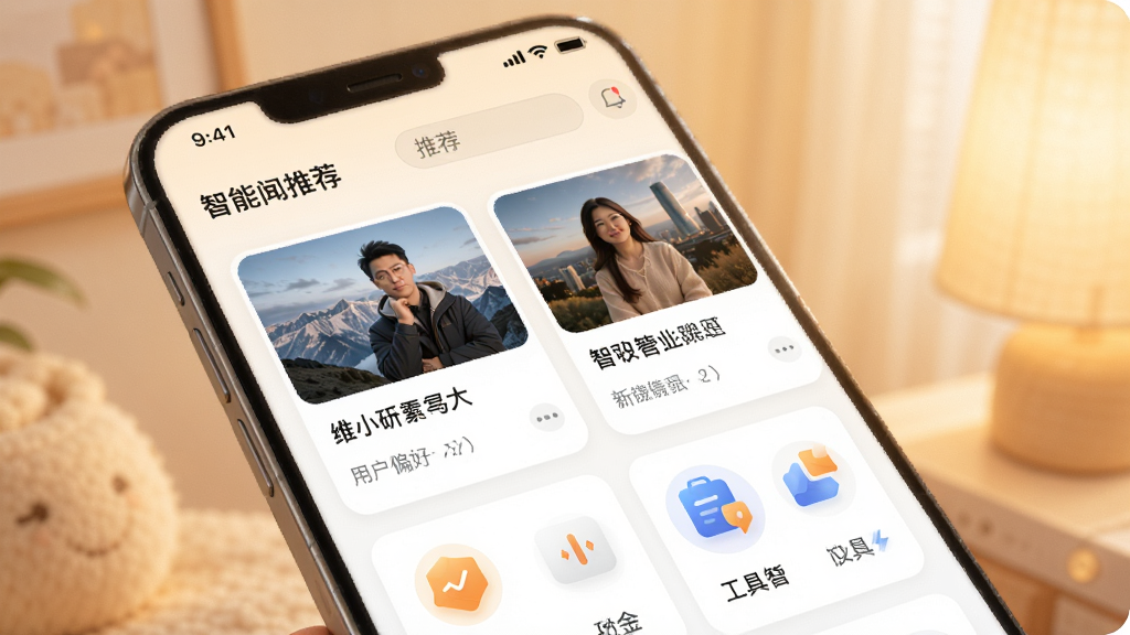 维小达智能推荐功能示意图,手机界面中展示根据用户偏好推荐的新闻卡片和工具模块,卡片上有缩略图和标题,背景为柔和的暖色调,整体氛围温馨智能,突出个性化体验,画质清晰无杂质