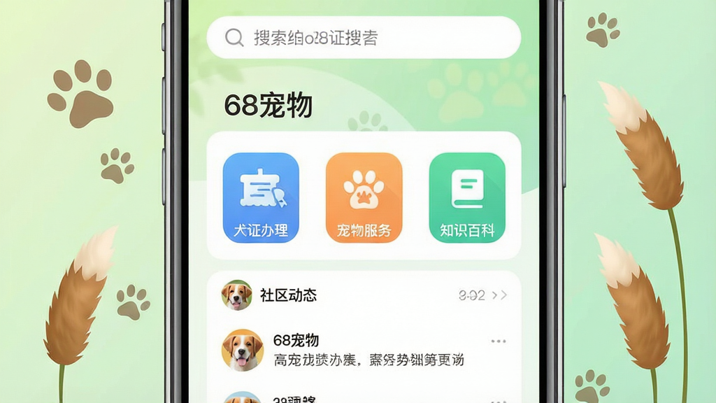 一张展示智能手机屏幕的图片,屏幕内清晰显示“68宠物”APP主界面,界面风格清爽简洁,顶部为搜索栏,中部有“犬证办理”、“宠物服务”、“知识百科”等彩色功能图标,下方为宠物社区动态信息流。整体布局为手机居中特写,背景为柔和的浅绿色渐变,配以宠物爪印和狗尾巴草元素装饰,画面明亮温馨,UI设计现代,画质细腻干净,无多余元素
