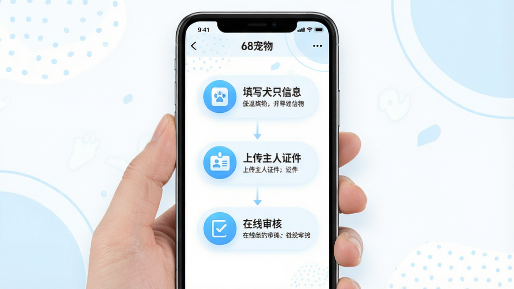 一张展示“68宠物”APP内部犬证办理流程界面的图片,界面设计采用步骤引导式布局,从上到下依次为“填写犬只信息”、“上传主人证件”、“在线审核”三个高亮步骤图标,每个图标旁有简洁的文字说明,背景为干净的白底配淡蓝色点缀,手机屏幕居中,模拟实际操作页面,画质清晰,无多余杂乱元素