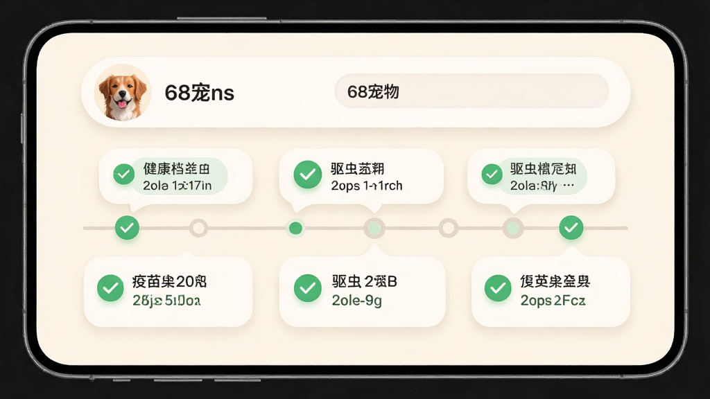 一张展示“68宠物”APP宠物健康档案页面的图片,页面以时间轴形式展示疫苗和驱虫记录,每个节点有绿色对勾和日期标签,背景为柔和的米白色,卡片式信息布局,宠物头像与名字在顶部展示,整体风格简约居家,界面圆润,视觉舒适,画质清晰无多余内容