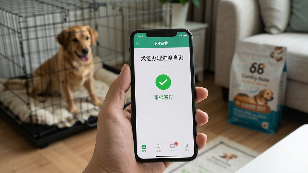 一张展示用户正在手机上操作“68宠物”APP办理业务的实拍图片,手机握在手中,屏幕显示“犬证办理进度查询”页面,页面中有绿色的对勾和“审核通过”字样,背景为居家客厅环境,有宠物笼舍和狗粮袋虚化,画面真实生活化,色调自然,细节丰富,干净整洁无杂乱元素