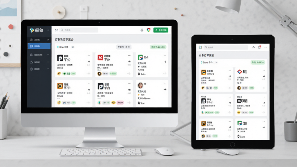 翱象多平台订单聚合功能展示图,主体为电脑和平板设备并排显示,屏幕上是翱象后台订单聚合界面,包含来自不同平台标识的订单卡片和状态标签,布局为平视视角,设备居中,背景为浅灰色工作台场景,风格写实结合扁平,细节有订单时间、顾客地址和配送员信息,画质清晰,干净无多余元素