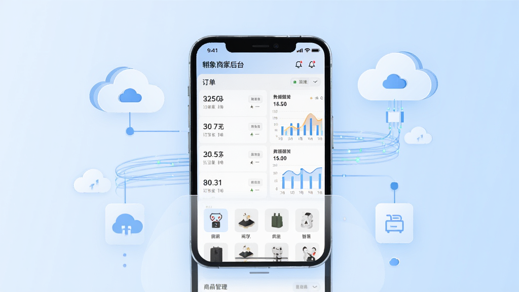翱象软件主视觉图,主体为智能手机屏幕展示翱象商家后台界面,屏幕内可见订单列表、数据图表和商品管理图标,布局以界面截图为中心,周围环绕简洁的云服务和数据流动线条,风格为现代扁平化插画,主体突出,背景干净,浅蓝色渐变,细节包含订单数字和商品缩略图,画质高清,干净无多余元素